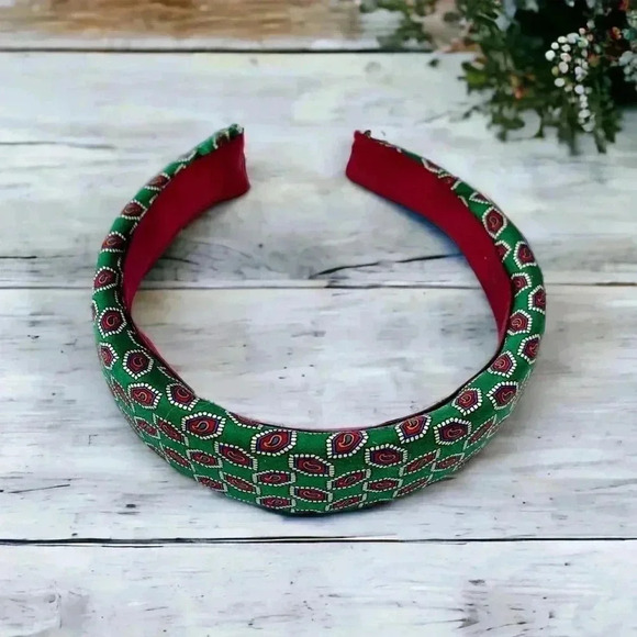 Artisan Handcrafted Green Multi-Color Paisley Silk Headband 1.25"W - Picture 1 of 7